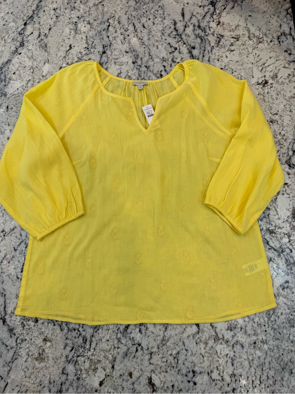 NWT Talbots Yellow Pineapple Embroidered Cotton Blouse Medium 3/4 Sleeve - Picture 4 of 9